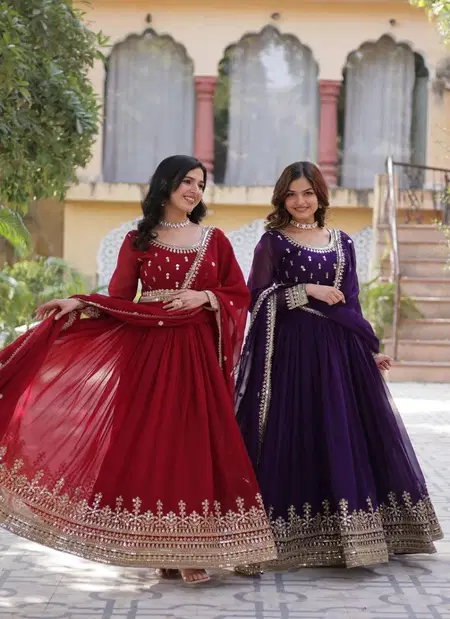 KA 1144 Faux Blooming With Embroidery Zari Sequins Work Gown With Dupatta Suppliers In India
